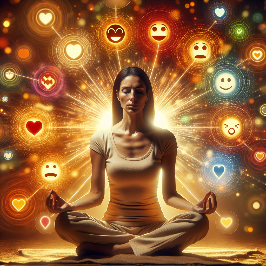 Woman sitting with hands open and different emogis.