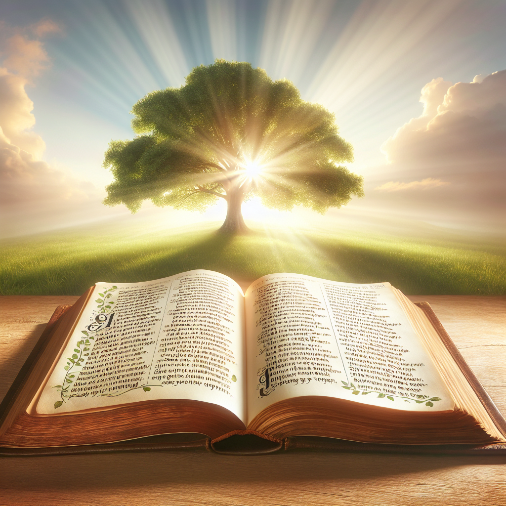 A Bible on a table in front a beautiful tree