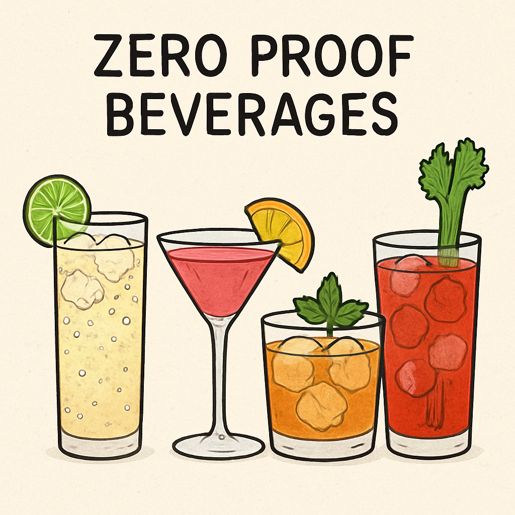 Illustration of various zero proof beverages