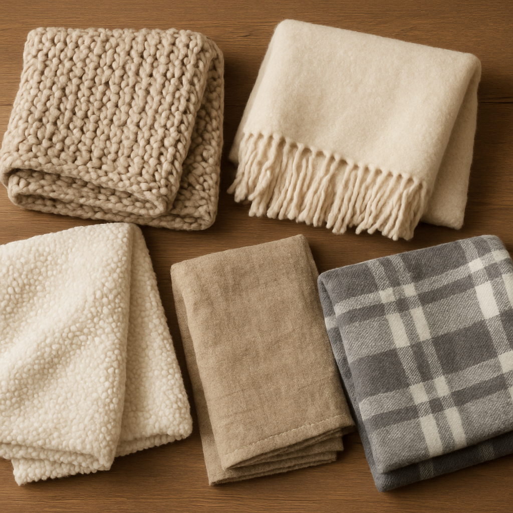 Various throw blanket materials displayed on a table