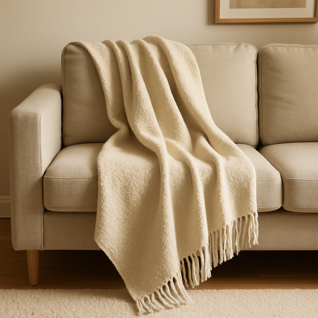 A cozy throw blanket artfully draped over a sofa