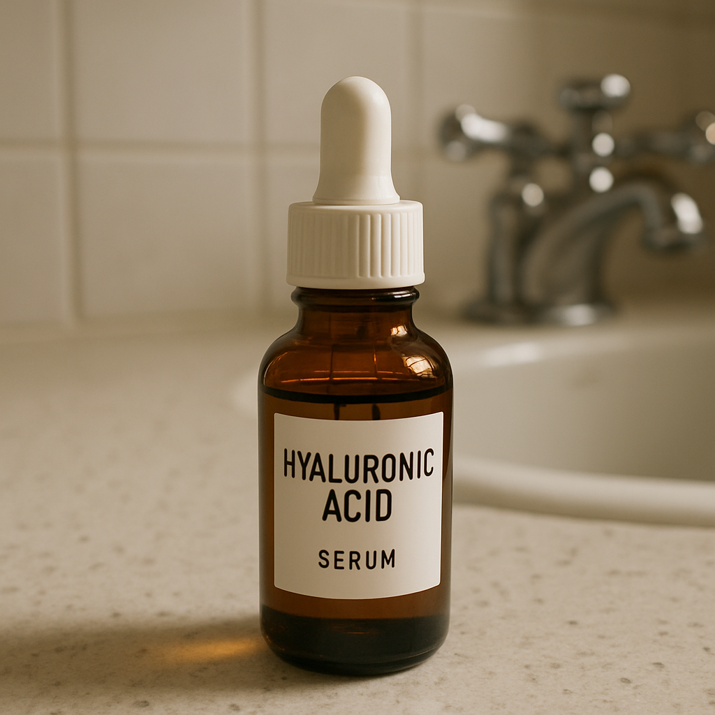 A bottle of hyaluronic acid serum on a bathroom counter