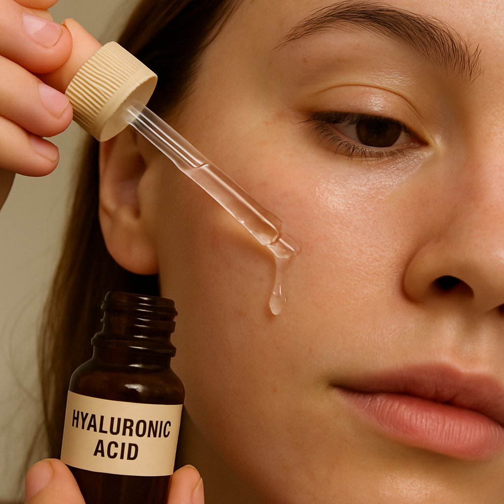 Close-up of a person applying hyaluronic acid serum to their face