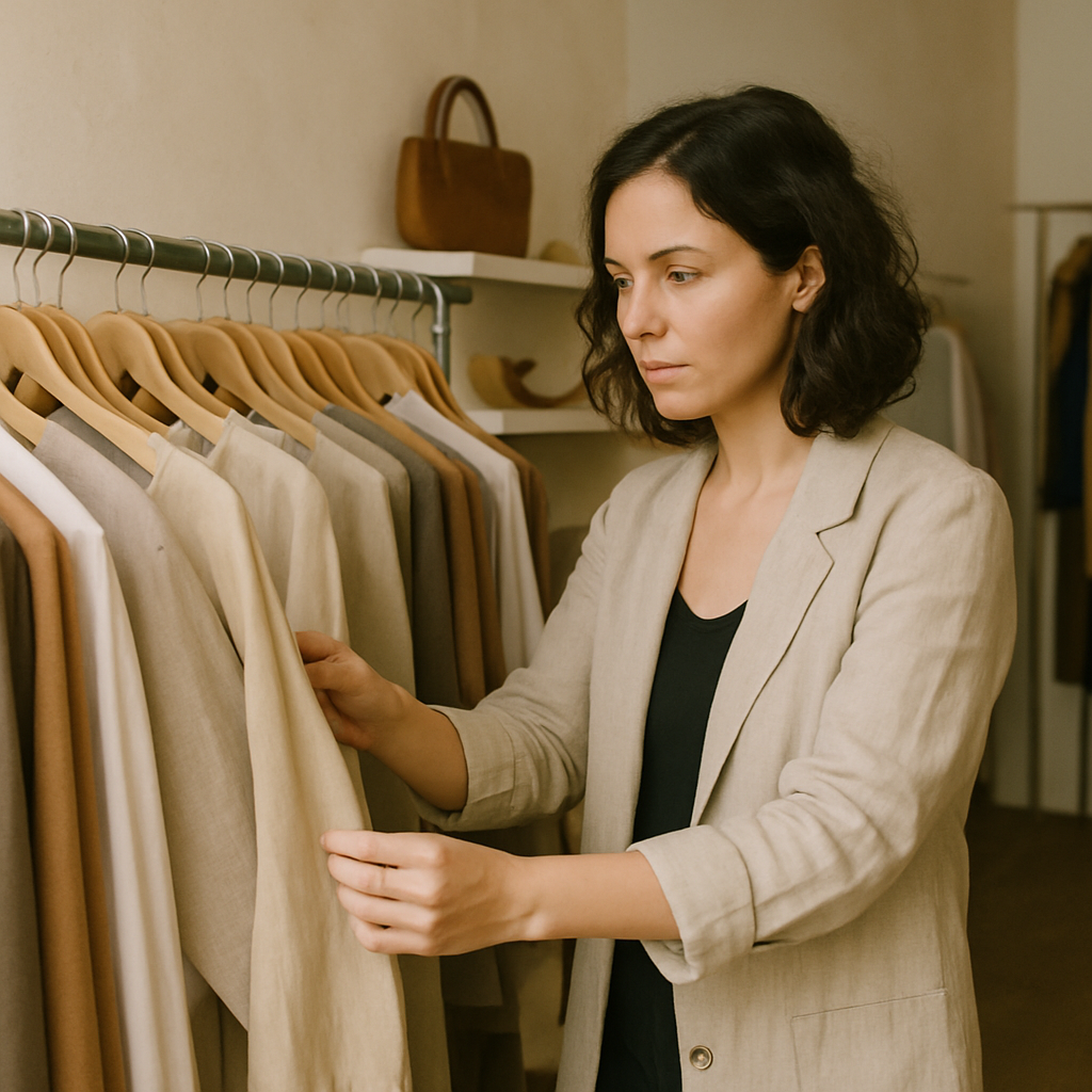Boutique owner examining clothing racks