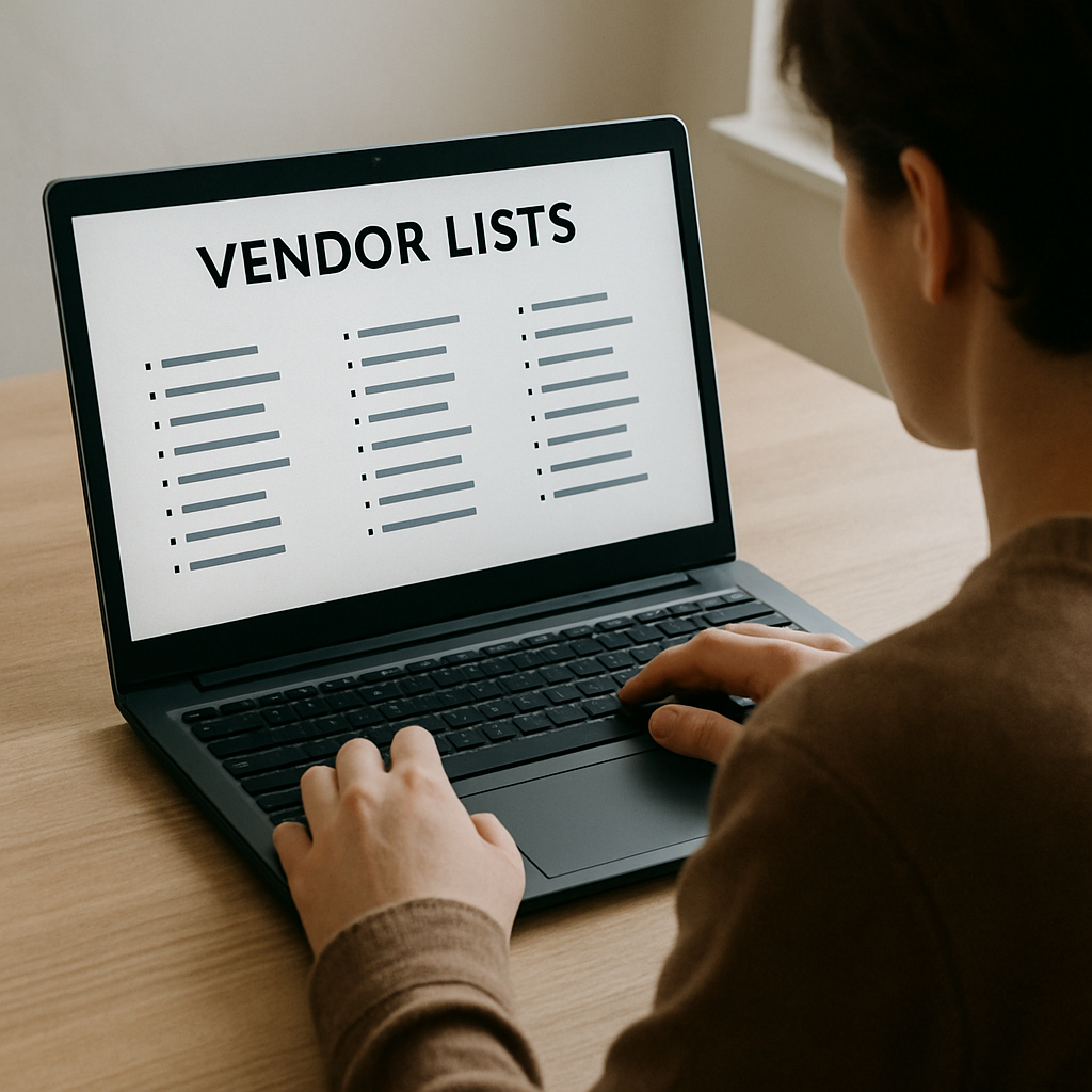 Person browsing vendor lists on a laptop