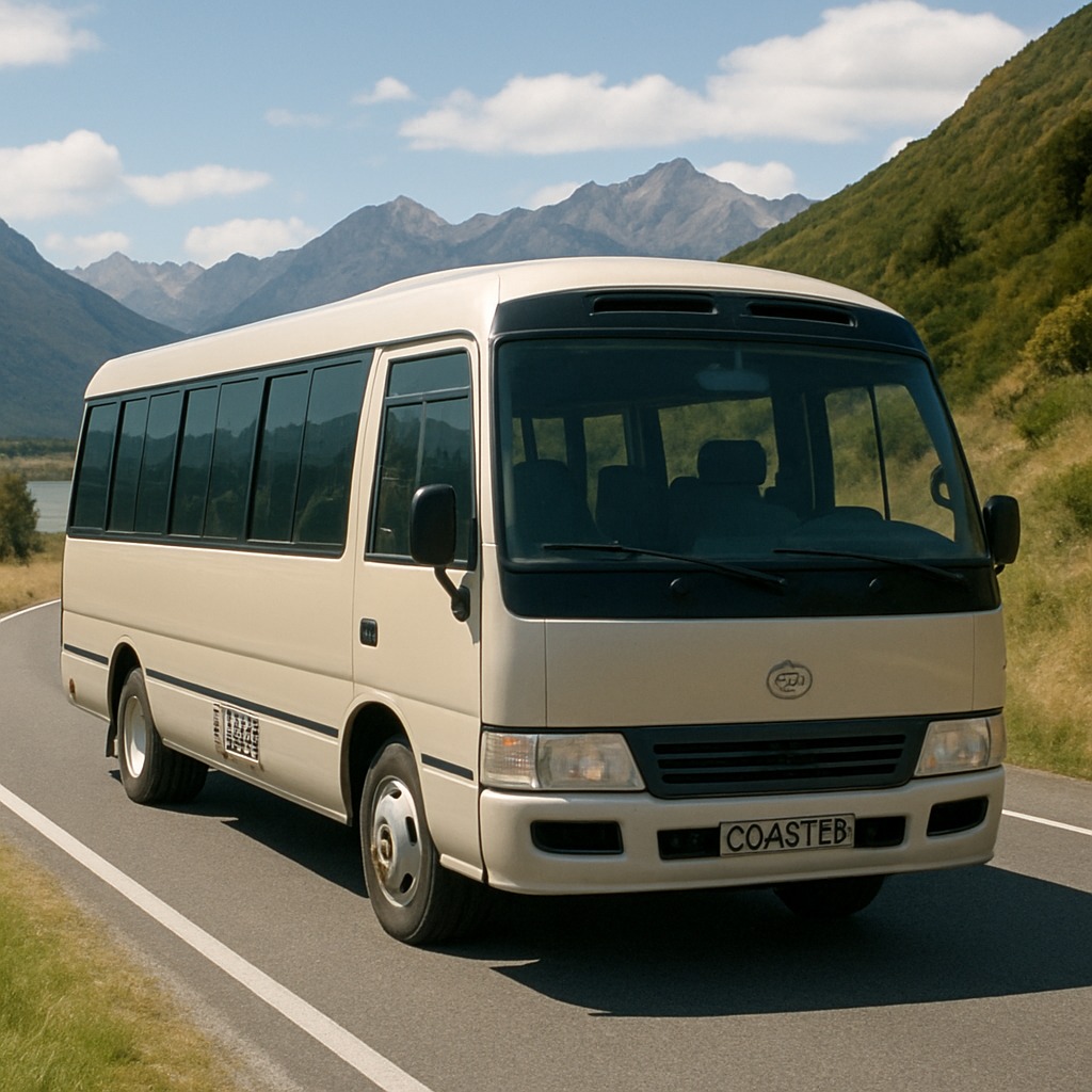 Toyota Coaster on a scenic road