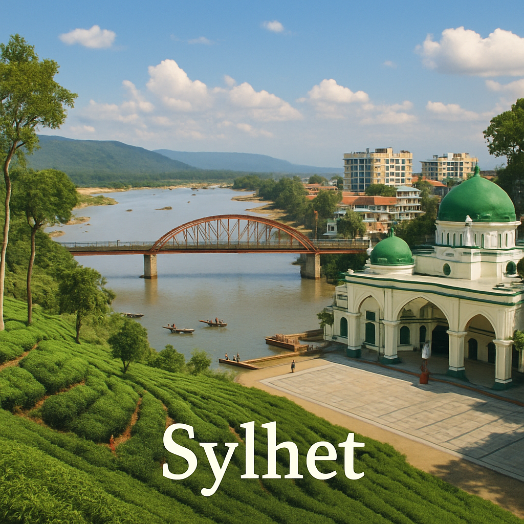 A panoramic view capturing the natural and cultural highlights of Sylhet