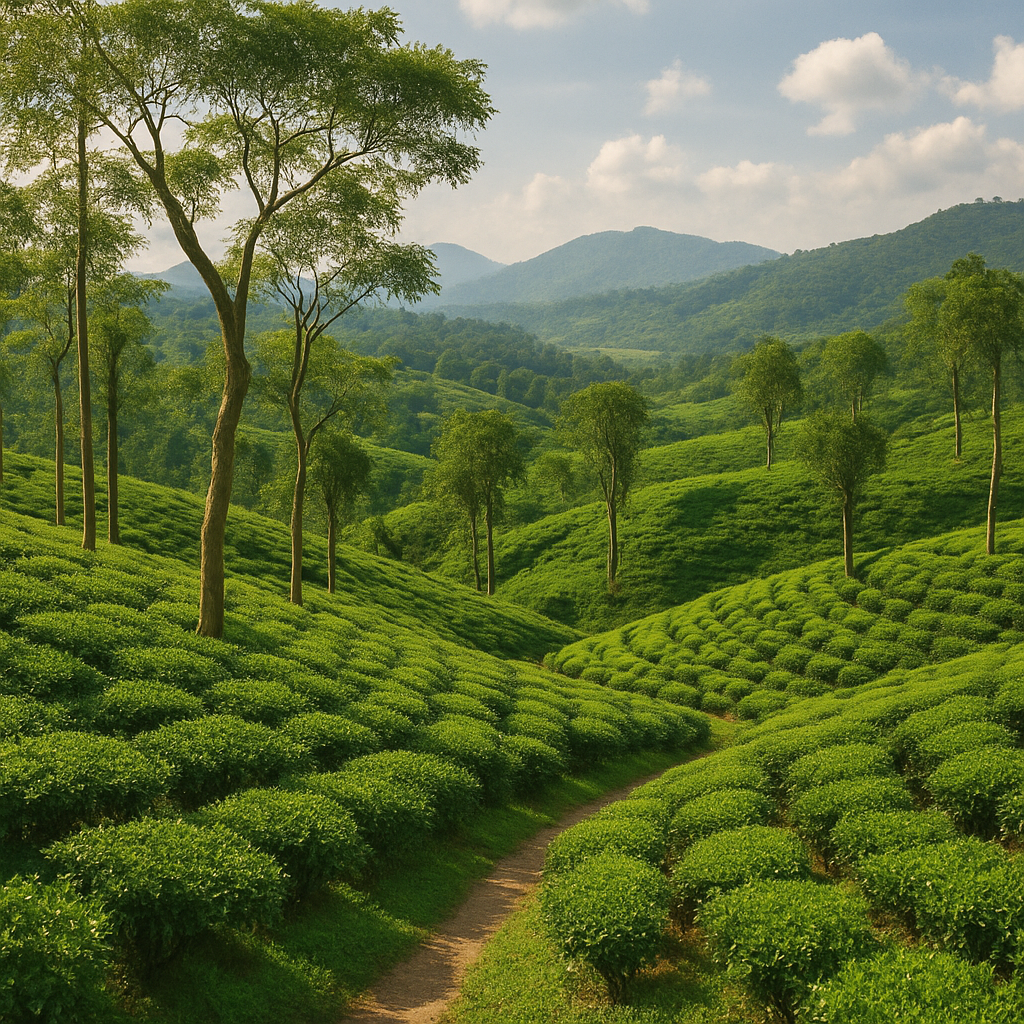 A scenic view of Sylhet's lush tea gardens and rolling hills