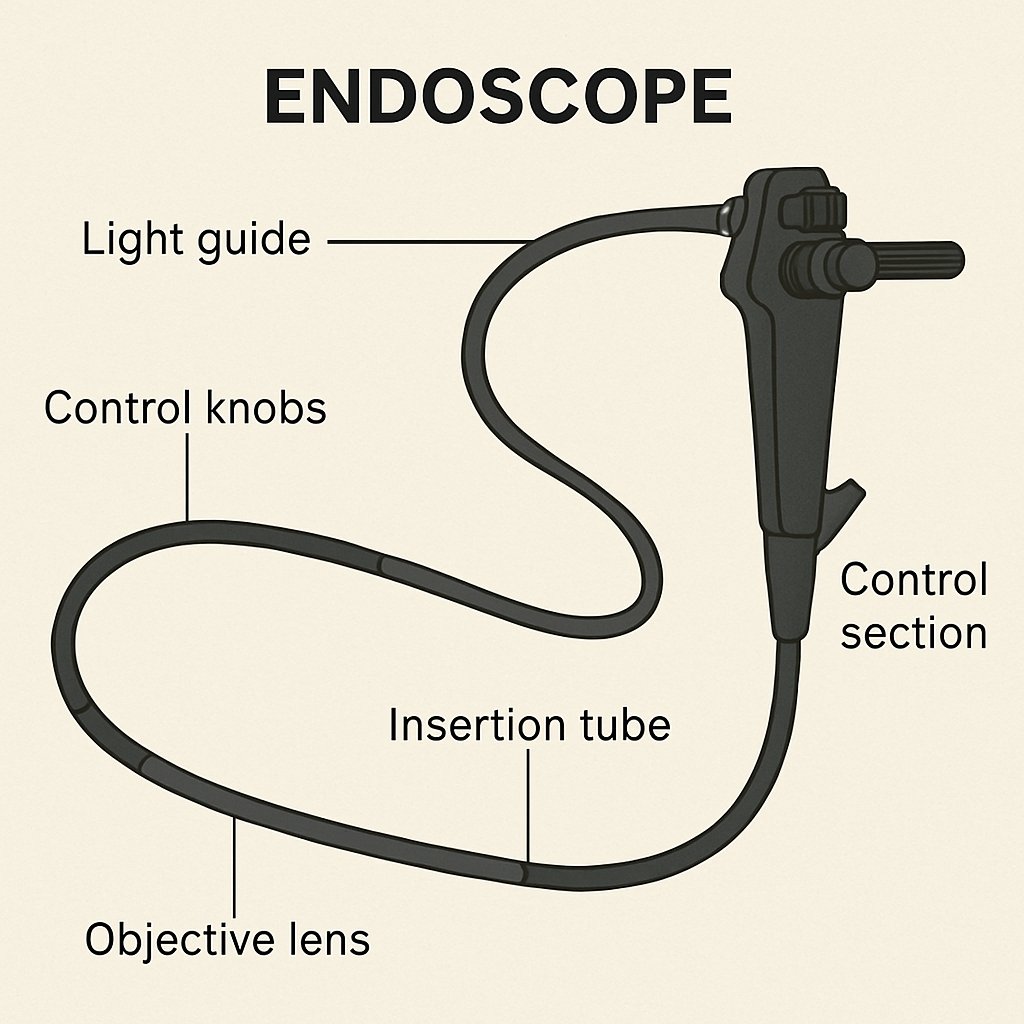 Diagram of an endoscope showing its parts