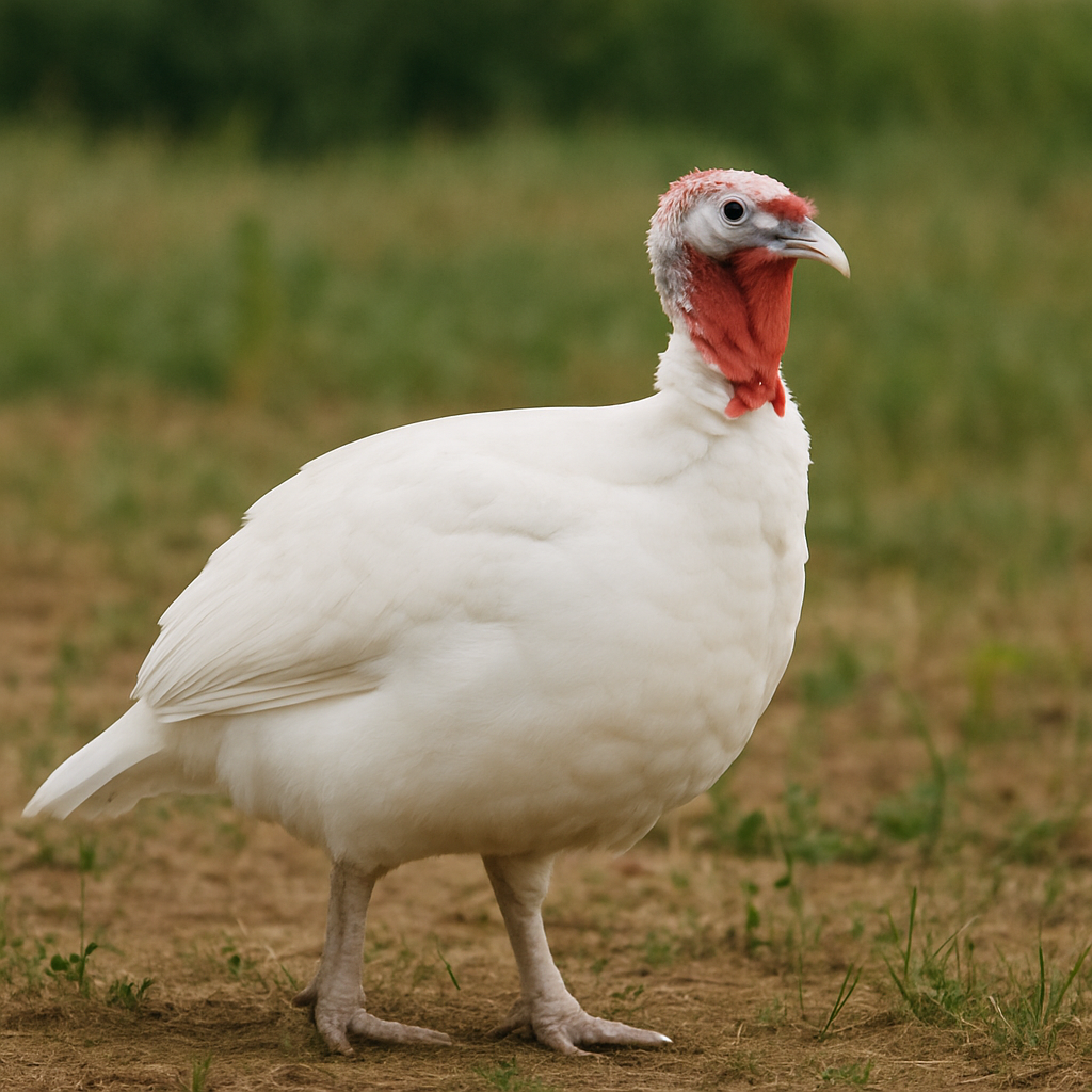Midget White Turkey in a field