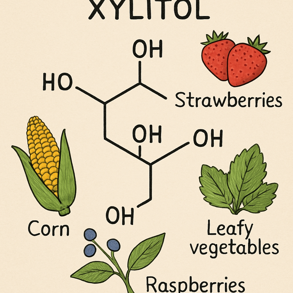 Image depicting the chemical structure of xylitol and its natural sources