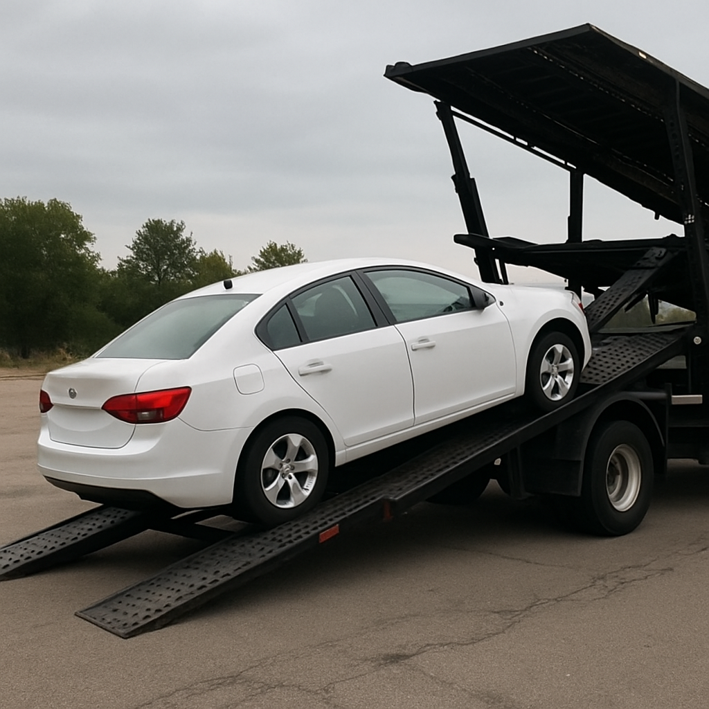 Car being loaded onto an auto transport truck