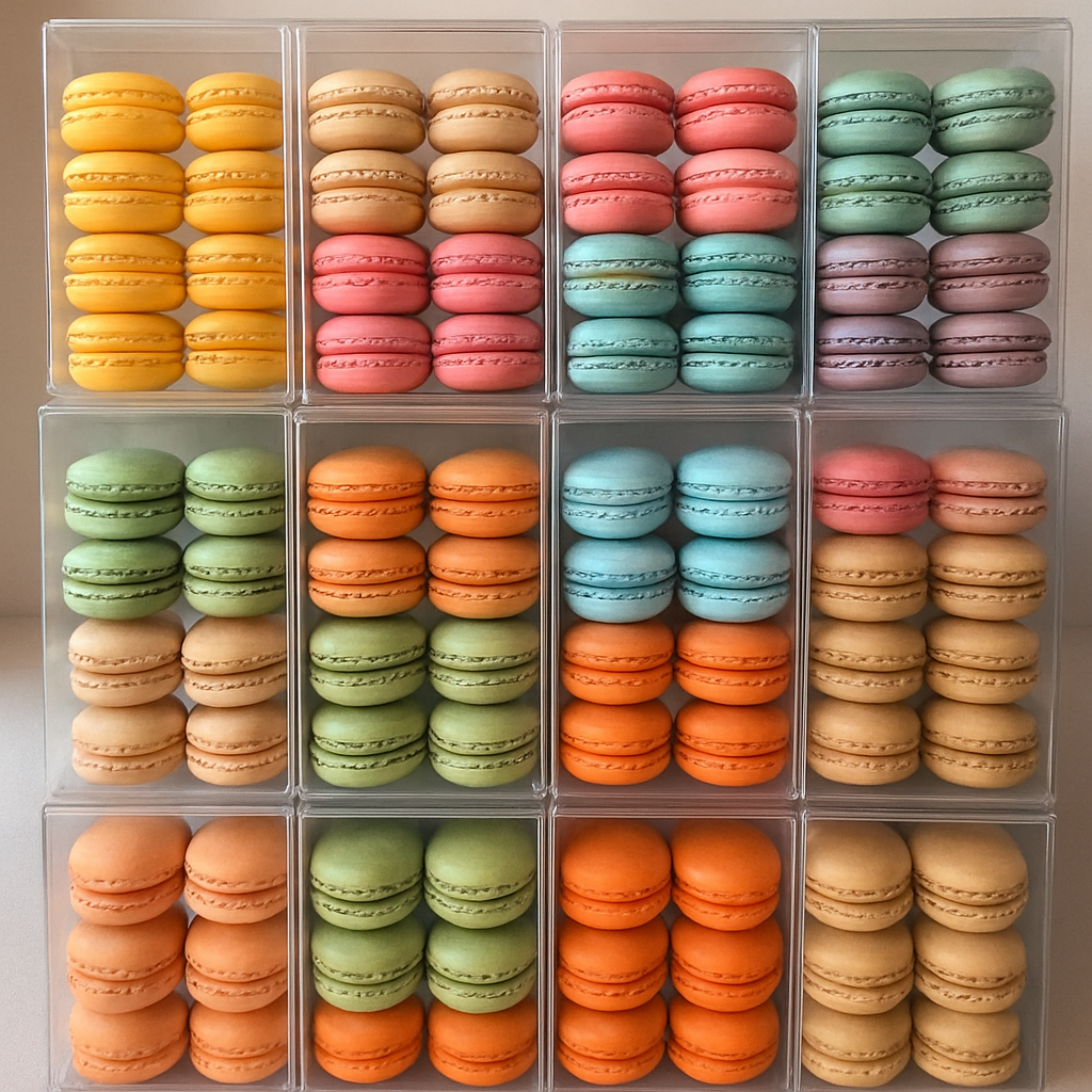A display of colorful macaroons in clear boxes