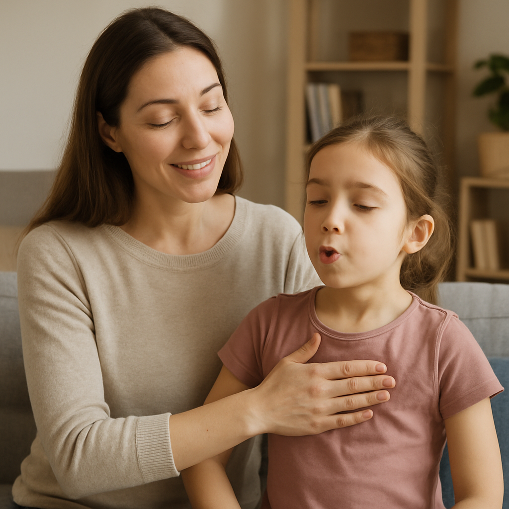 Parent helping child with breathing exercises