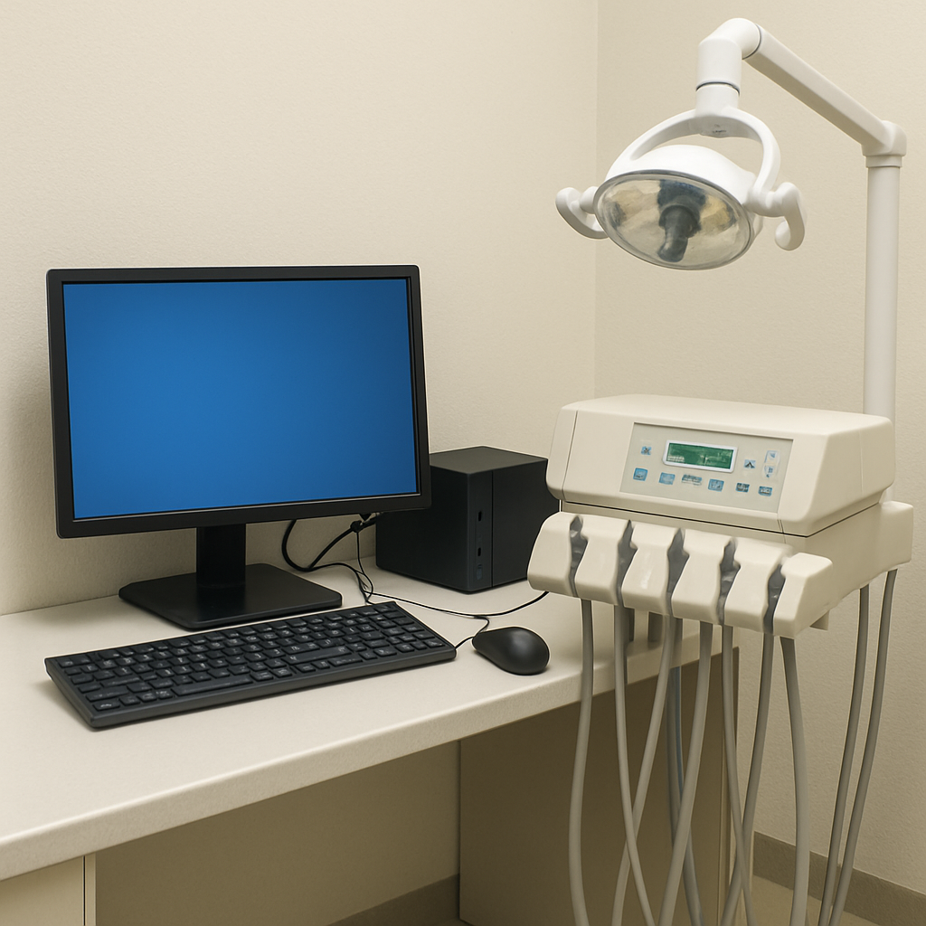 Dental office IT setup including computer and dental equipment