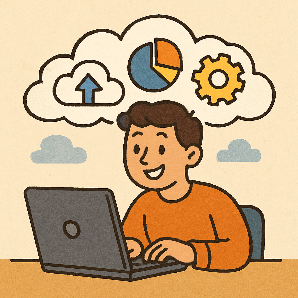 An illustration of a person happily working on a computer with cloud-based tools