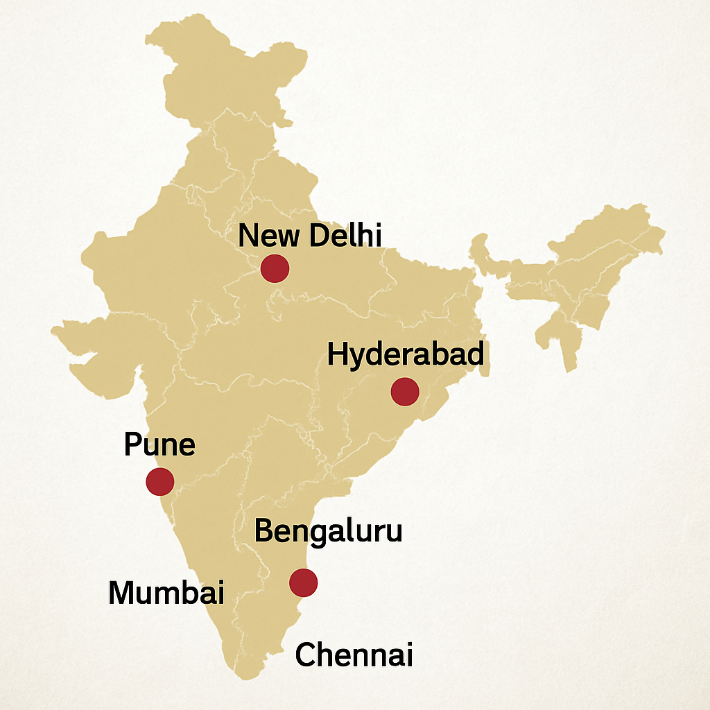 Map of India highlighting major tech hubs