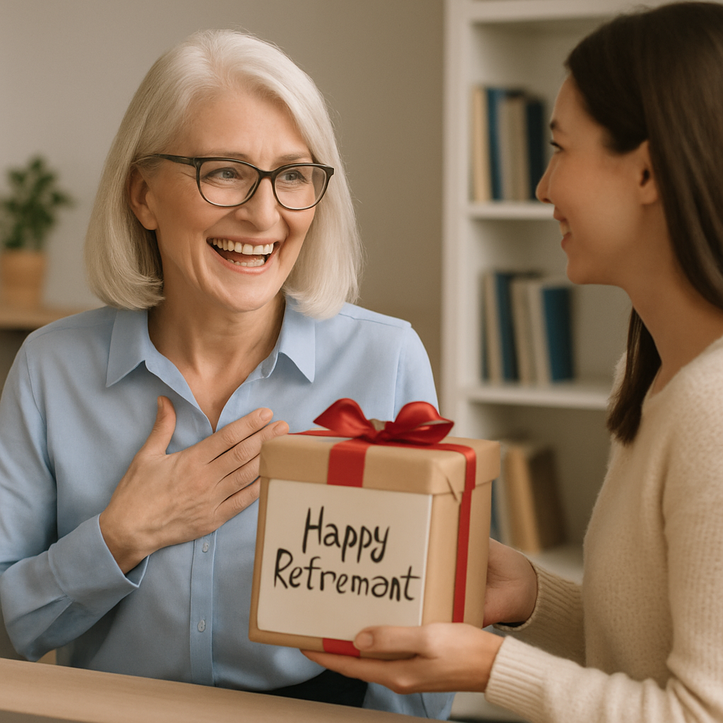 A woman receiving a retirement gift