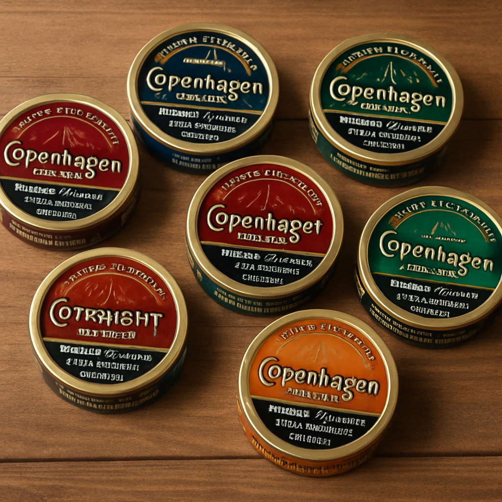 A variety of Copenhagen pouches displayed on a wooden table