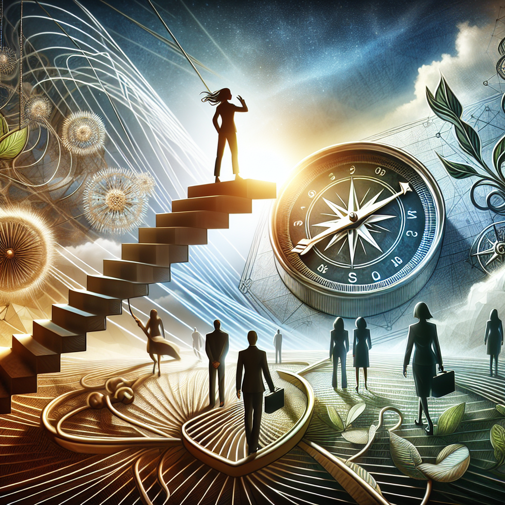 woman standing at top of staircase in a fantasy world of images swirl around her