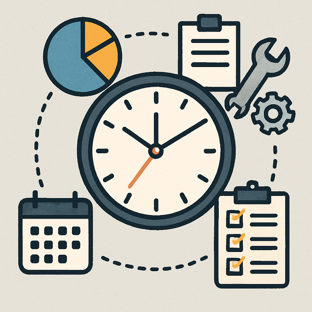 A clock with administrative tools around it, symbolizing time management