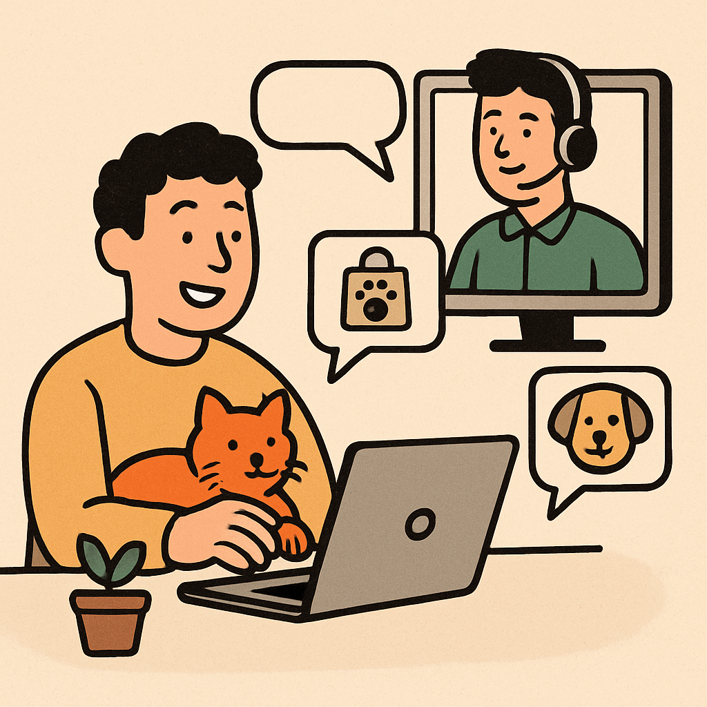 A happy customer receiving online support for pet shopping