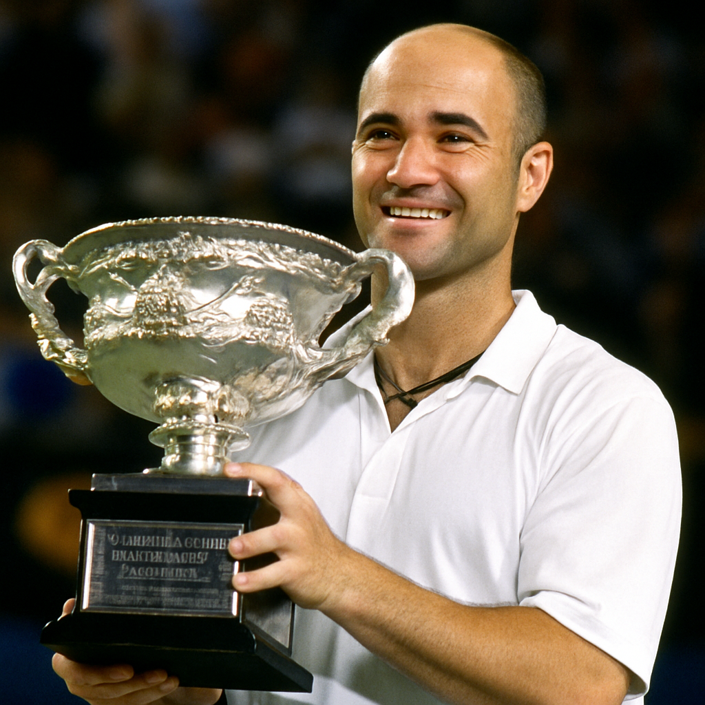 Andre Agassi holding a Grand Slam trophy