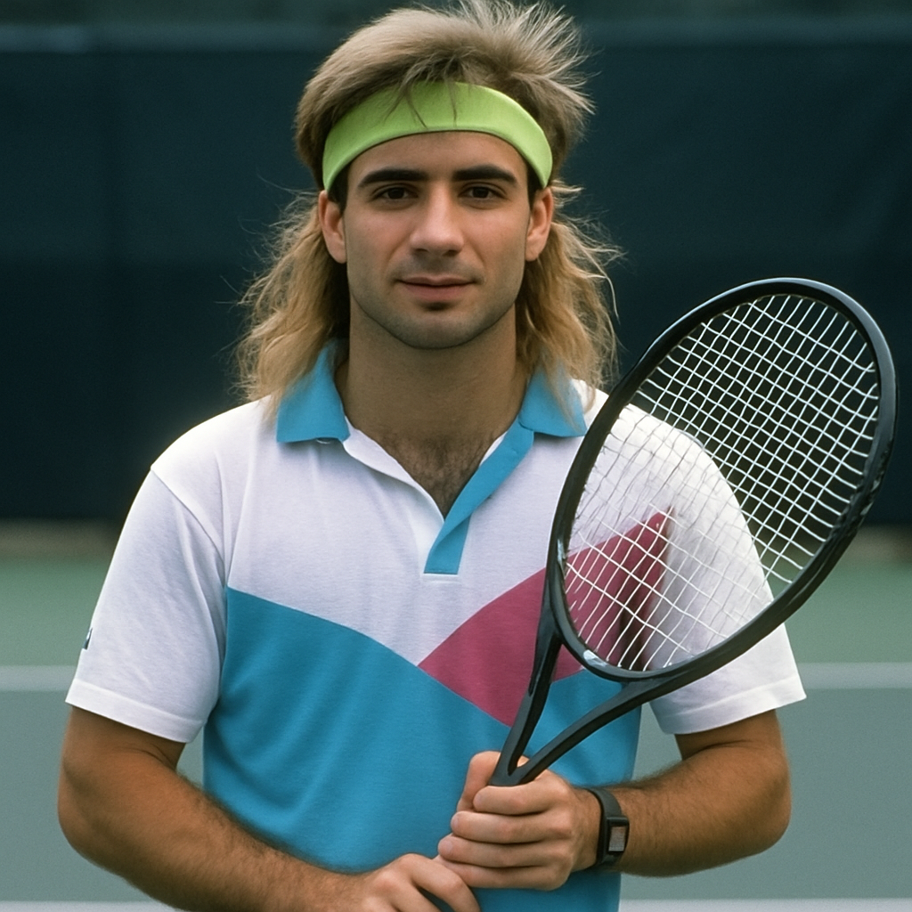 Young Andre Agassi holding a tennis racket