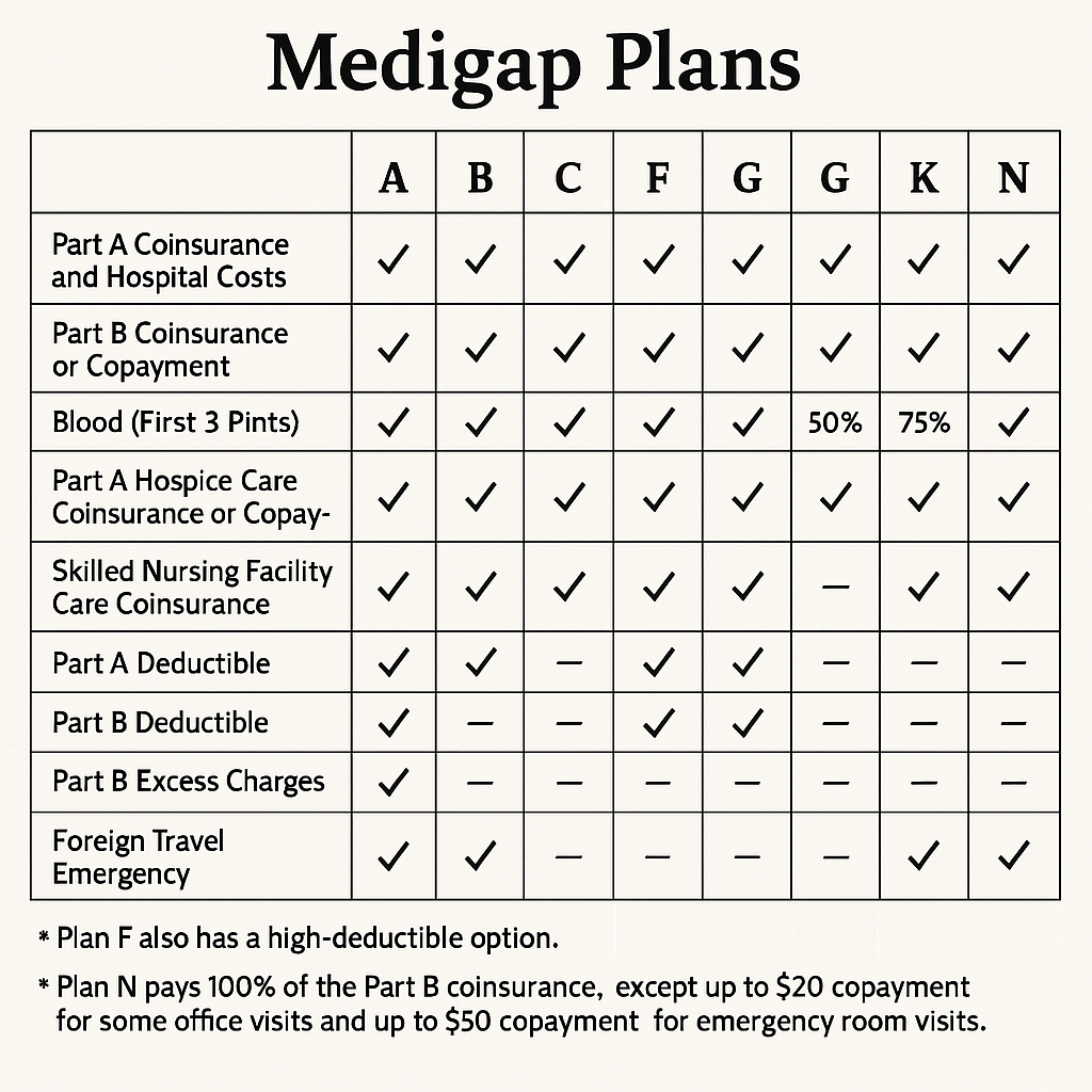 Comparison chart of different Medigap plans