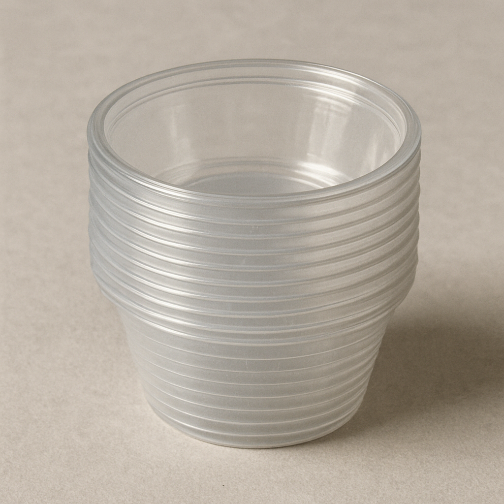 Disposable mini plastic bowls in a stack
