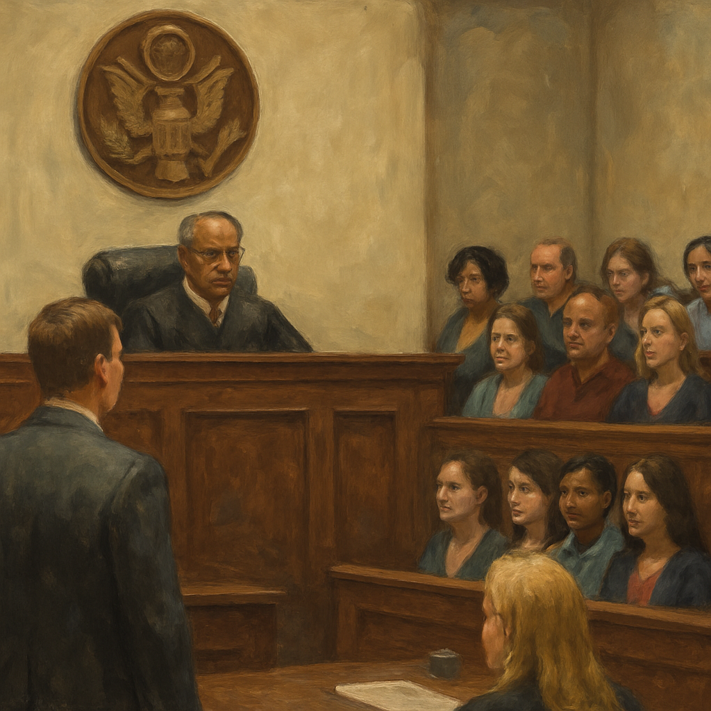 Courtroom scene with judge and jury