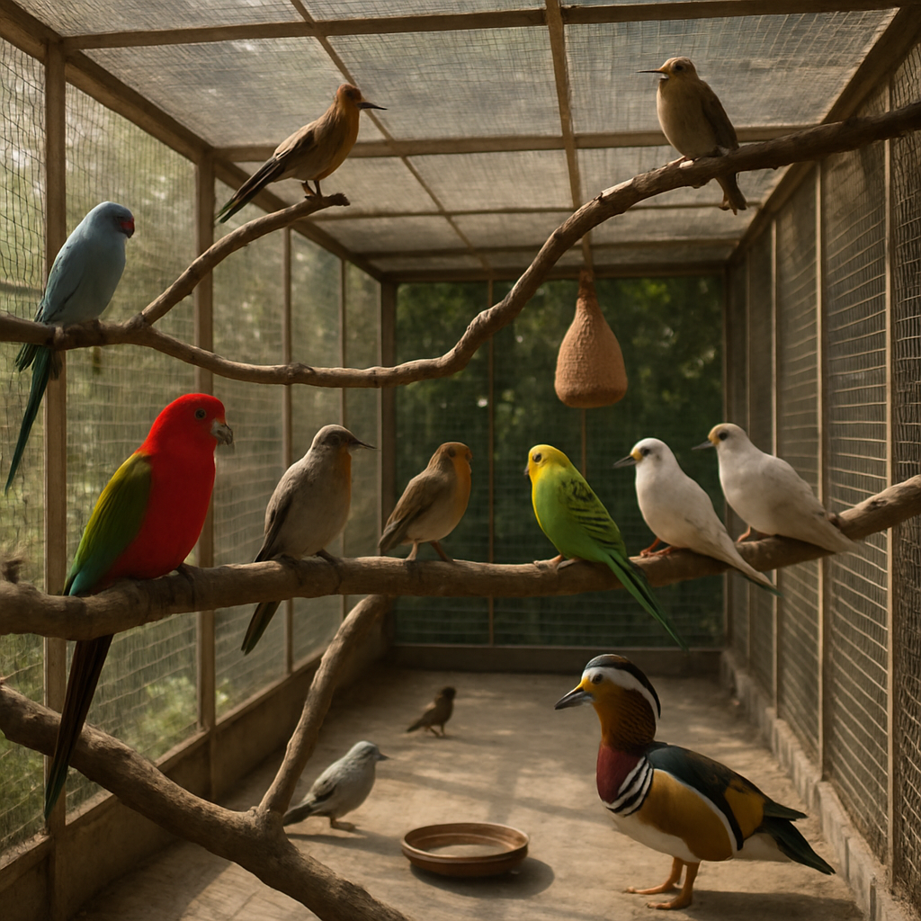 A variety of birds in a well-constructed aviary