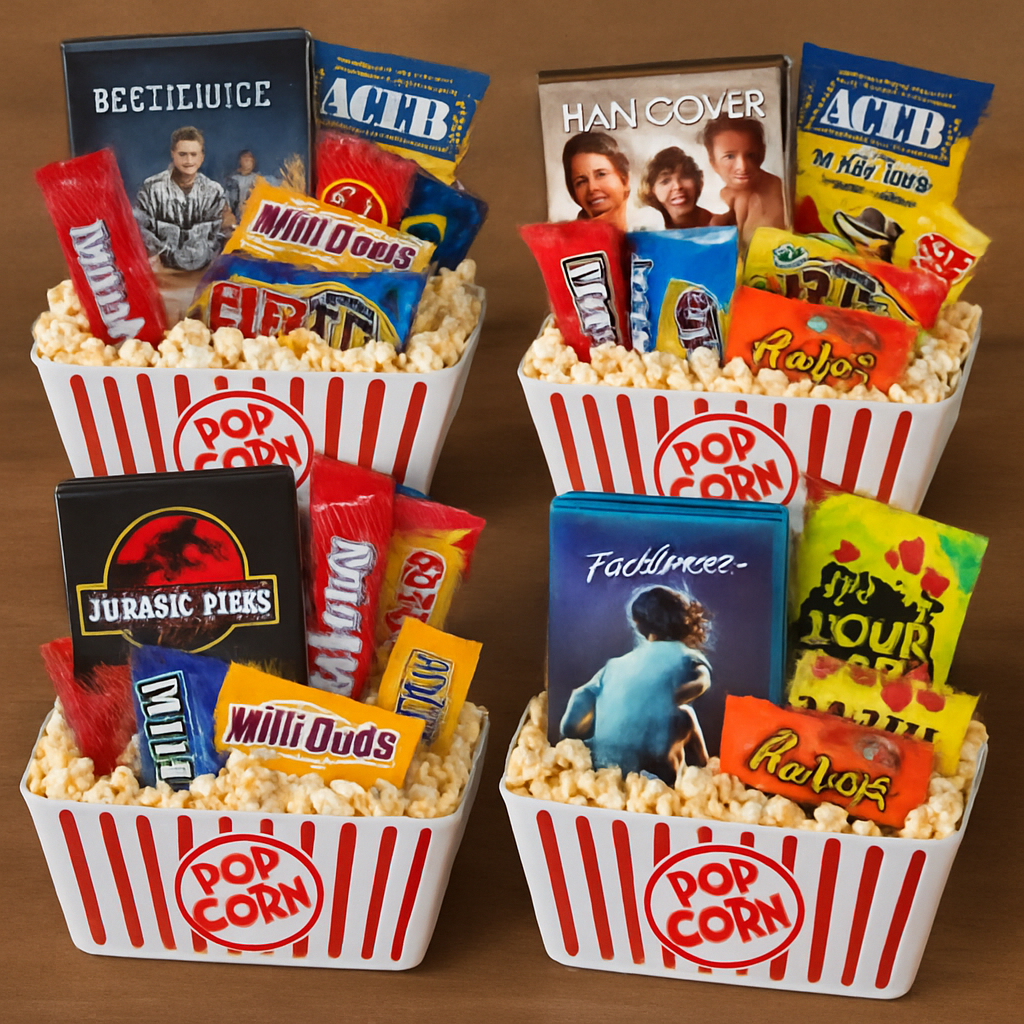 An array of movie gift baskets with snacks and films