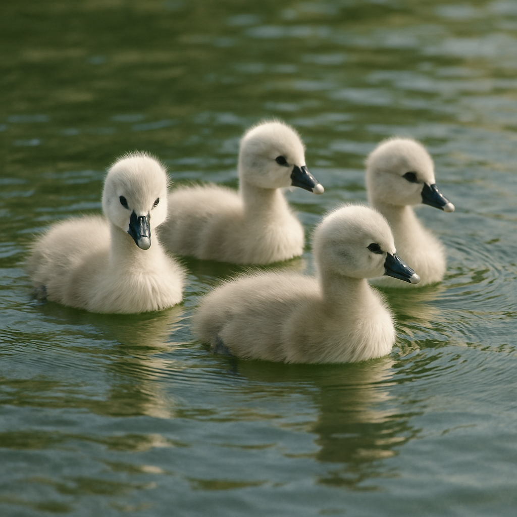 Freshly hatched cygnets exploring the waters