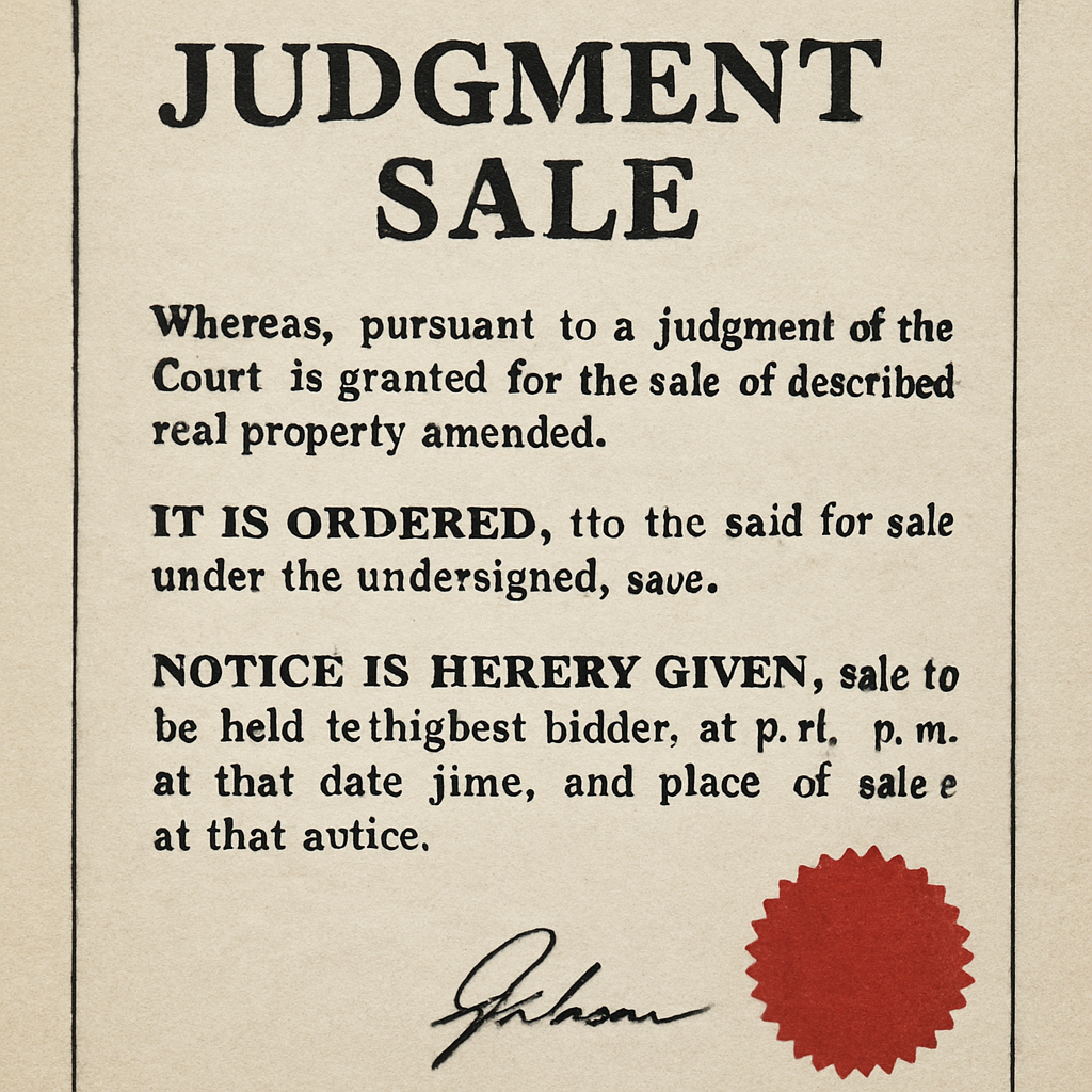 A legal document representing a court judgment sale