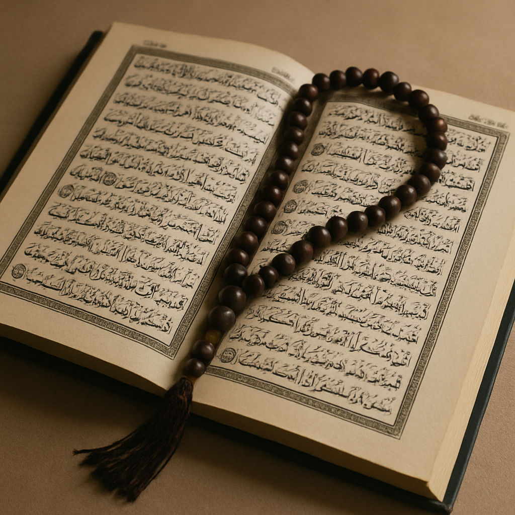 open Quran with prayer beads
