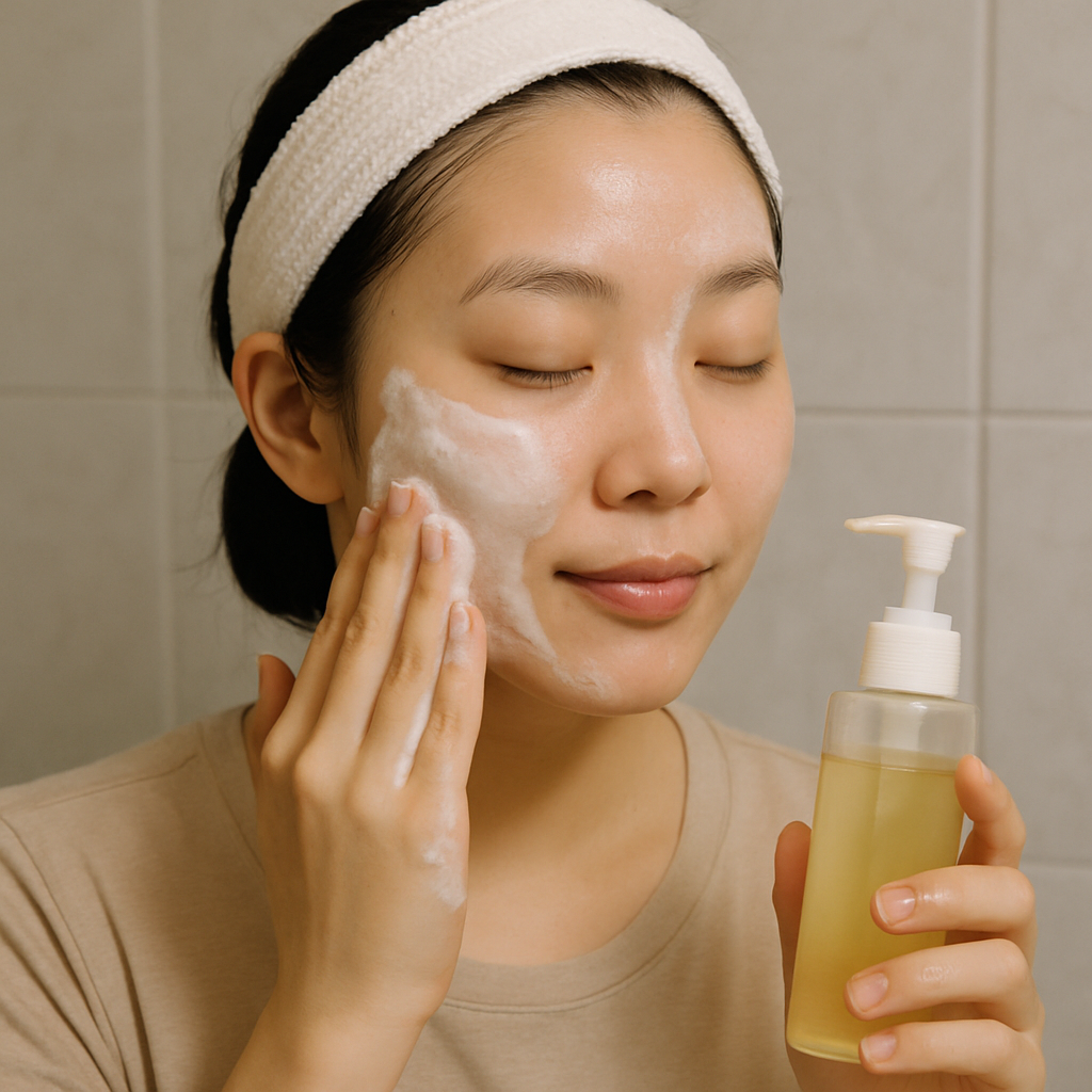Woman performing double cleansing
