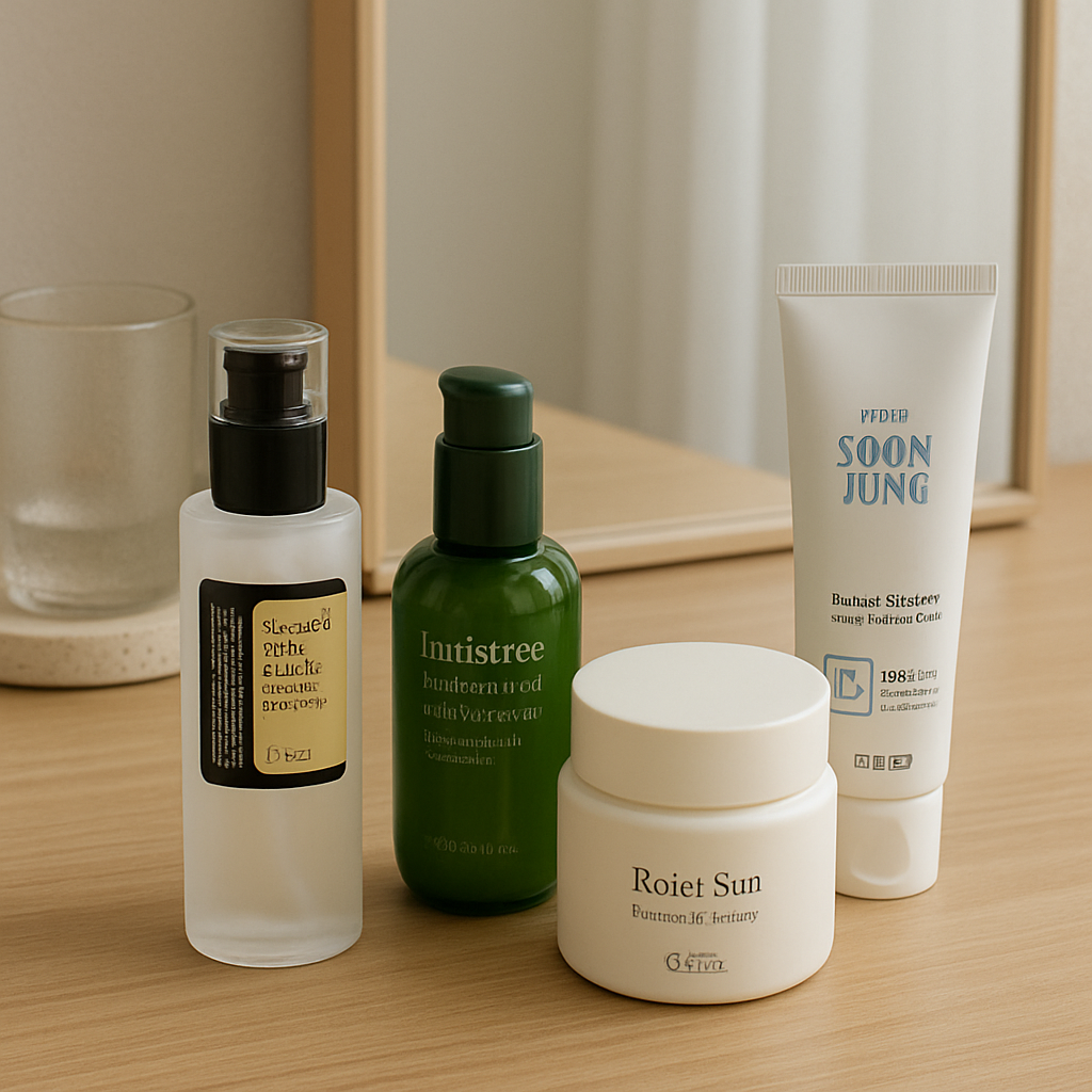 Korean skincare products arranged on a vanity