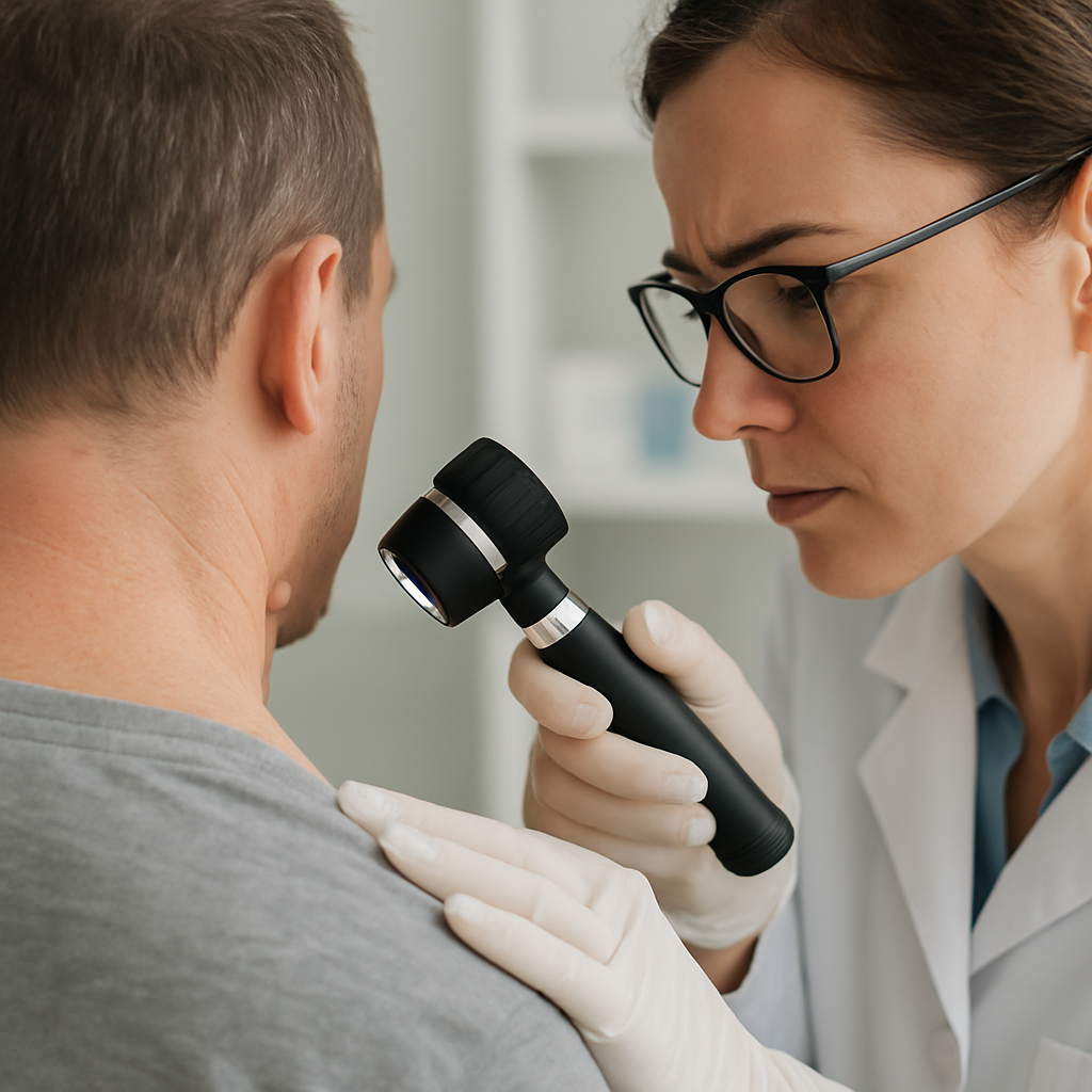 Dermatologist examining skin tag