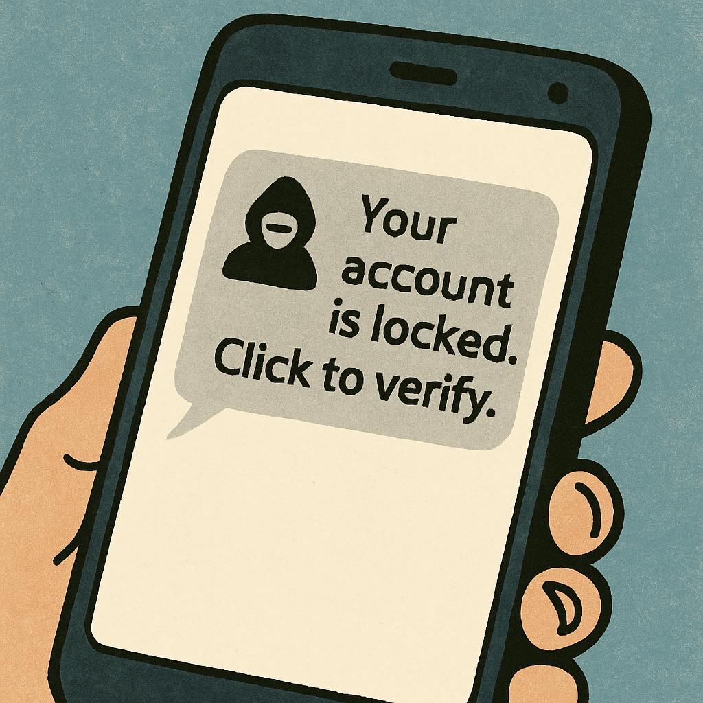 Illustration of a suspicious text message on a phone