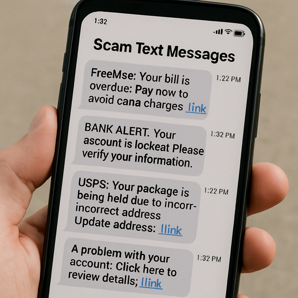 Image depicting a variety of scam text messages on a smartphone