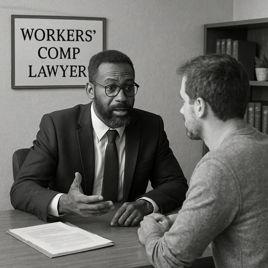 A workers' comp lawyer discussing a case with a client