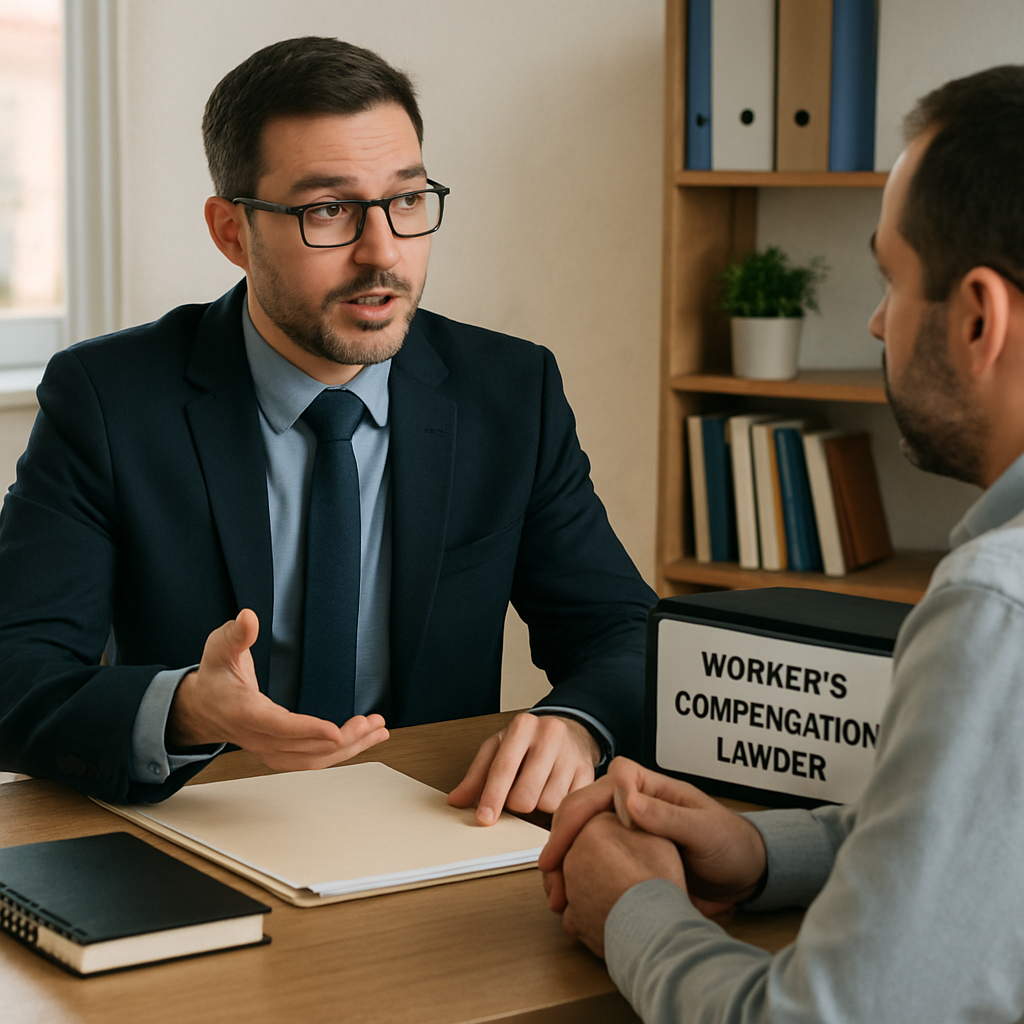 A workers' compensation lawyer discussing a case with a client