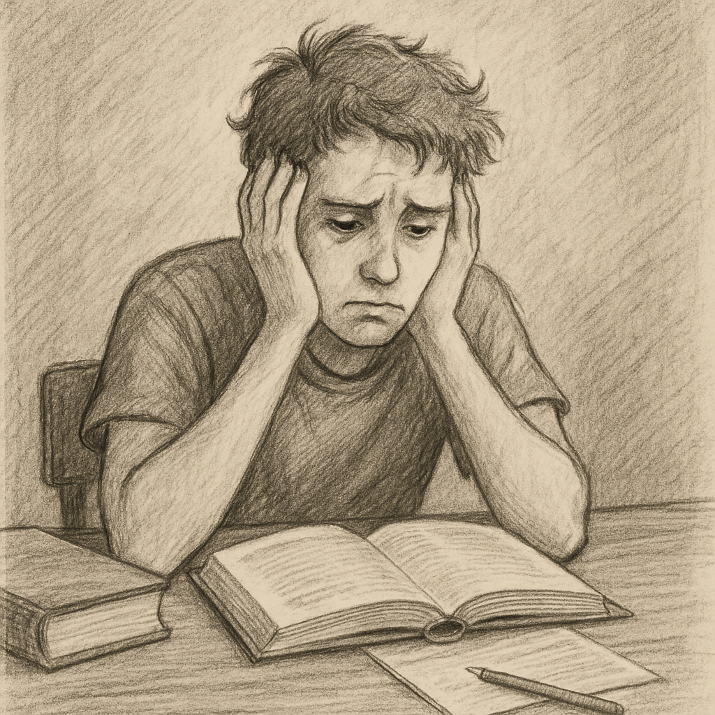 Student looking stressed at a desk