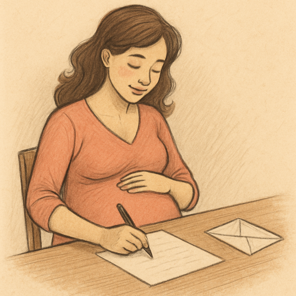 mujer embarazada escribiendo una carta