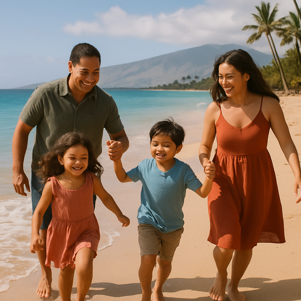 A family enjoying a beach day in Maui