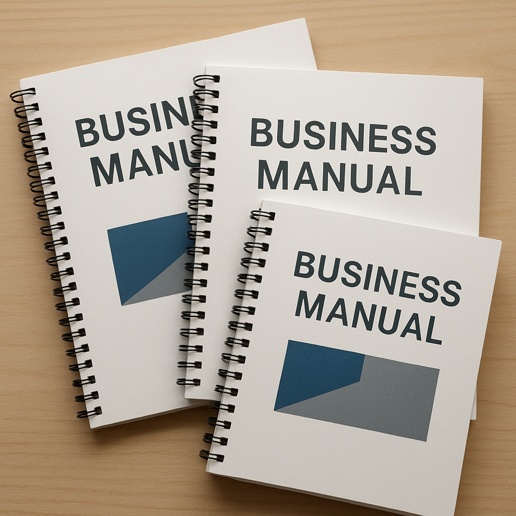 Spiral bound business manuals on a desk