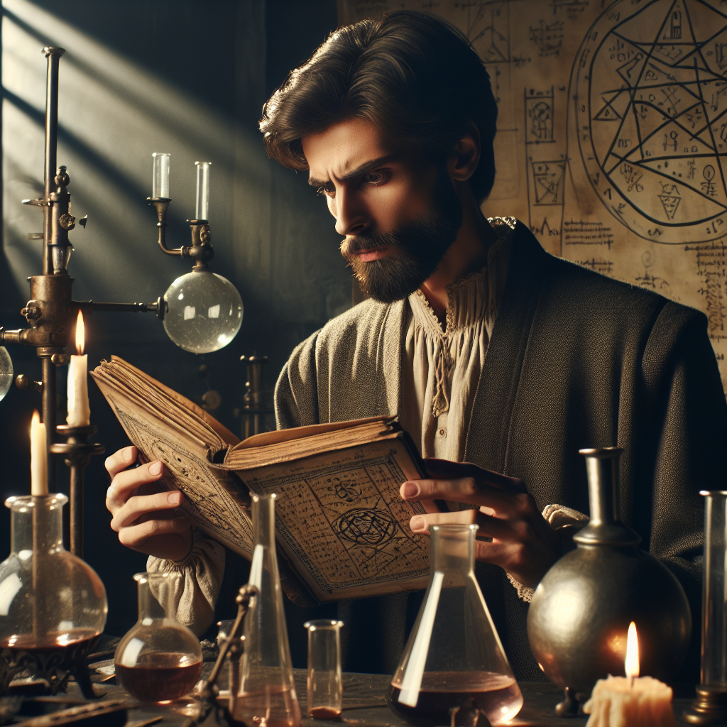 A young man, deep in thought, reading the book on metaphysics by the table with glass jars with liquids.