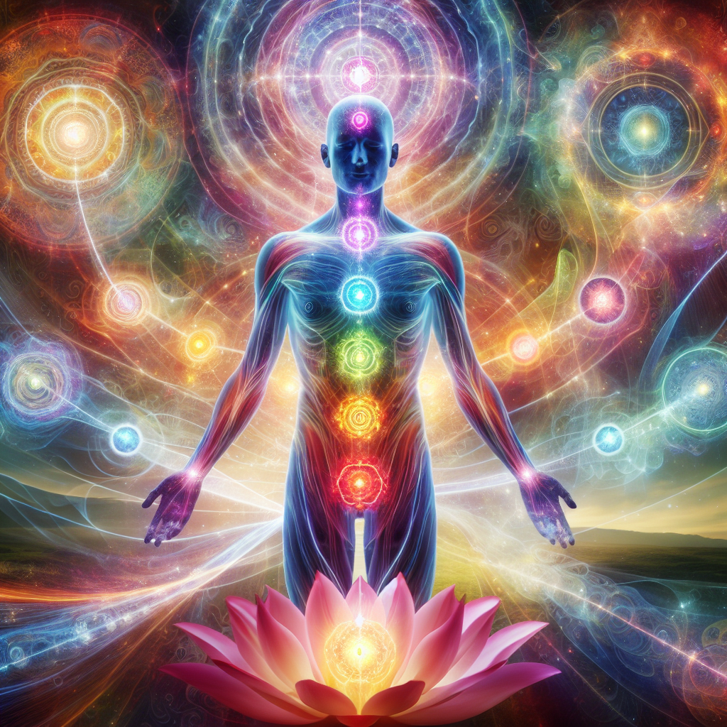 The blue figure of the man standing above the pink flower with chakras illustrated along the spine, in the throat, in the third eye and above the head of the man. The chakra symbols floating around the man.