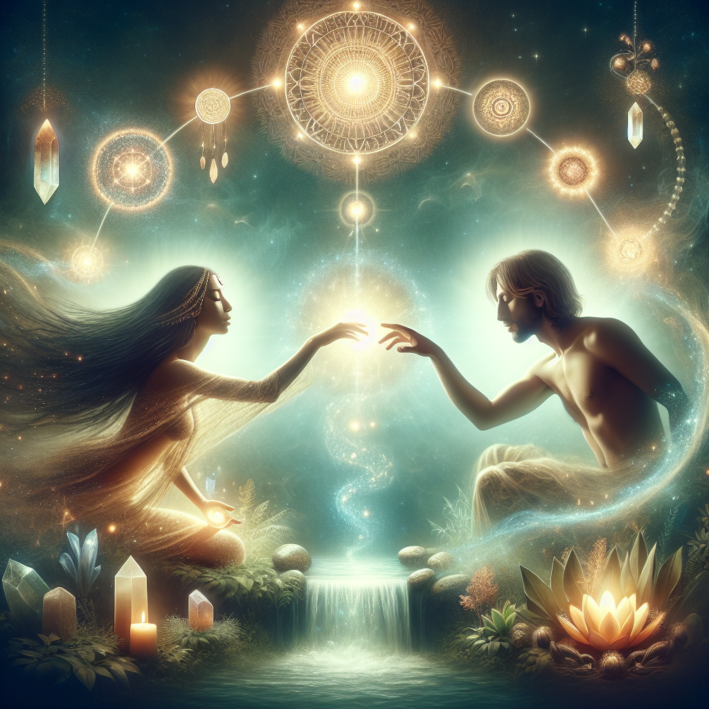 A woman and a man are on opposite sides to each other, reaching their fingers to each other. Mandalas and crystals hanging above them, water running below them.